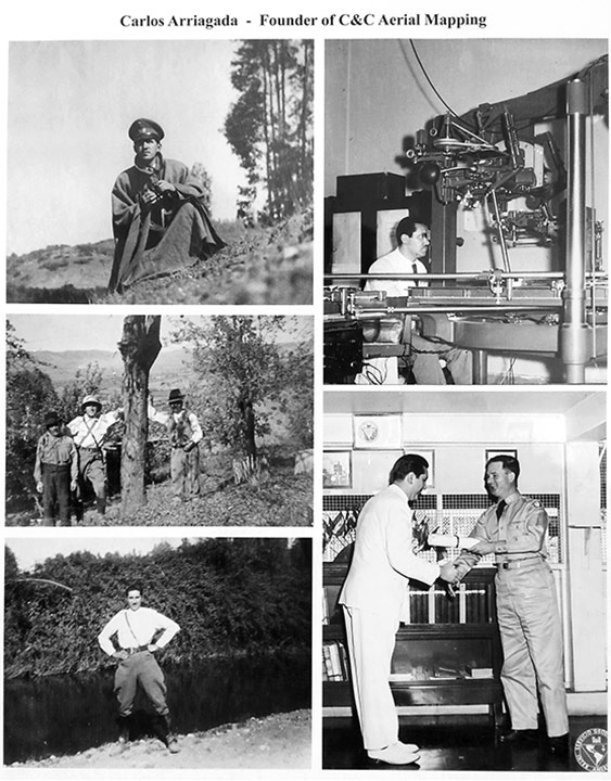 Black-and-white archival photos of founder Carlos Arriagada in the field and operating a photogrammetric stereoplotter